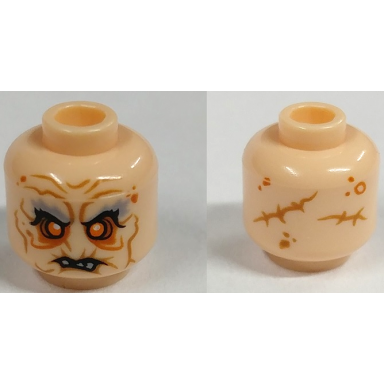 light nougat minifigure head lotr gray eyebrows orange eyes dark orange facial lines broken teeth pattern
