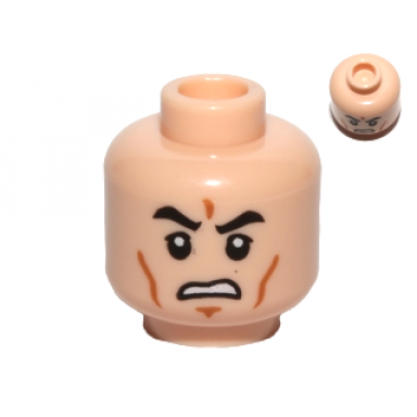 light nougat minifigure head black eyebrows upper eyelids medium nougat cheek lines and chin dimple open mouth scowl with teeth pattern