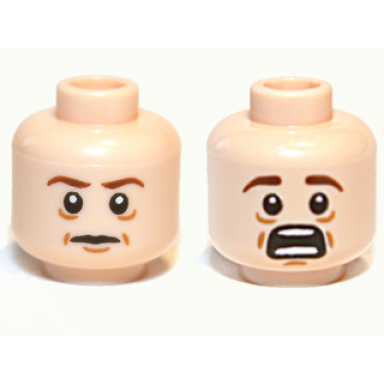 light nougat minifigure head dual sided dark brown eyebrows medium nougat dimples wrinkles and chin dimple neutral open mouth scared with teeth parted pattern