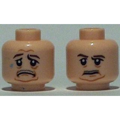 light nougat minifigure head dual sided brown eyebrows moustache white pupils sad pattern sw malakili