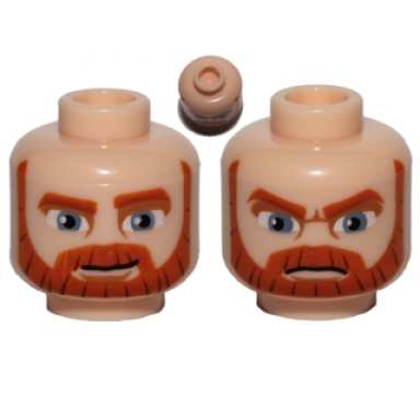 light nougat minifigure head dual sided beard thick with lines dark orange eyebrows moustache large blue eyes smile angry pattern