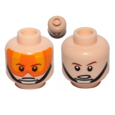 light nougat minifigure head dual sided orange visor chin strap stern brown eyebrows pupils open mouth pattern sw luke skywalker