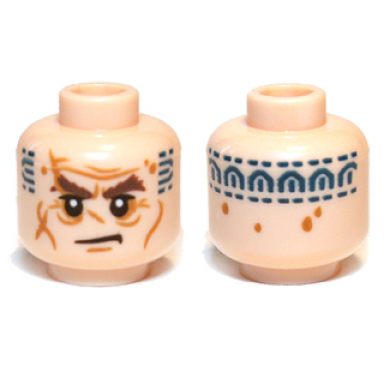 light nougat minifigure head lotr bushy brown eyebrows dark orange cheek lines spots and wrinkles dark blue tattoo on back pattern dwalin