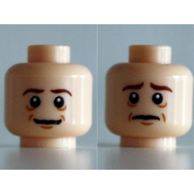 light nougat minifigure head dual sided reddish brown eyebrows medium nougat chin dimple dimples and wrinkles slight grin worried pattern