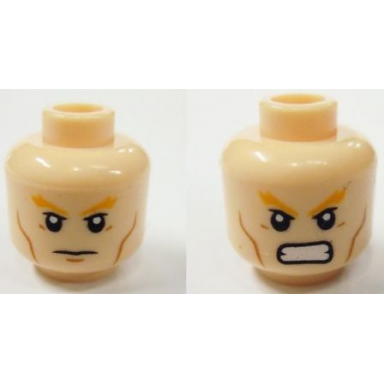 light nougat minifigure head dual sided bright light orange bushy eyebrows upper eyelids medium nougat cheek lines stern with chin dimple angry bared teeth pattern