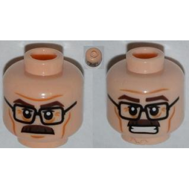 light nougat minifigure head dual sided black glasses brown moustache wrinkles mouth closed clenched teeth pattern