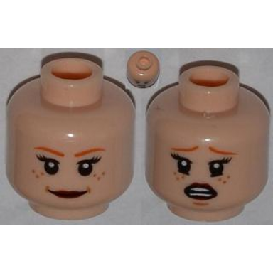 light nougat minifigure head dual sided female dark orange eyebrows freckles eyelashes dark red lips smile scared pattern