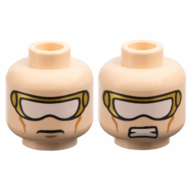 light nougat minifigure head dual sided gold goggles with white lens medium nougat cheek lines slight frown and chin dimple bared teeth pattern