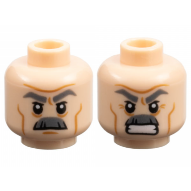 light nougat minifigure head dual sided dark bluish gray thick eyebrows and moustache medium nougat cheek lines and wrinkles furrowed brow neutral and chin dimple angry with bared teeth pattern