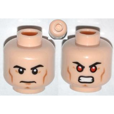 light nougat minifigure head dual sided black eyebrows cheek lines chin dimple determined bared teeth with red eyes pattern superman