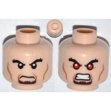 light nougat minifigure head dual sided black bushy eyebrows brown goatee cheek lines angry bared teeth with red eyes pattern