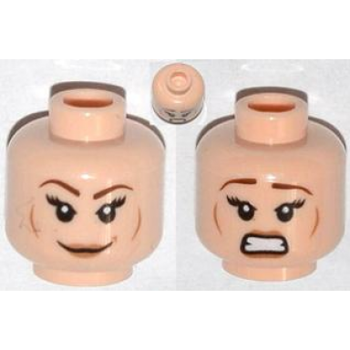 light nougat minifigure head dual sided female brown eyebrows eyelashes medium nougat lips cheek lines smile scared pattern