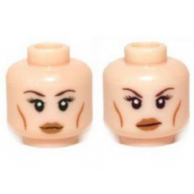 light nougat minifigure head dual sided female brown thin eyebrows eyelashes cheek lines smile determined pattern