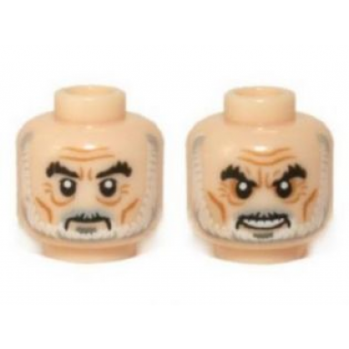 light nougat minifigure head dual sided lotr saruman thick black eyebrows gray and white beard frown angry pattern