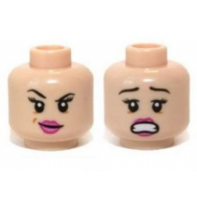 light nougat minifigure head dual sided female dark pink lips eyebrow raised scared pattern red harrington