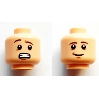 light nougat minifigure head dual sided reddish brown eyebrows medium nougat chin dimple scared with clenched teeth lopsided grin pattern