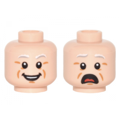 light nougat minifigure head dual sided light gray eyebrows white pupils open mouth cheek lines smile open mouth scared pattern