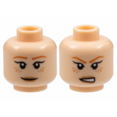 light nougat minifigure head dual sided female dark orange eyebrows freckles tan lips closed mouth smile open mouth scowl pattern