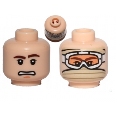 light nougat minifigure head dual sided brown eyebrows scared pattern snow goggles and tan bandana pattern sw han solo