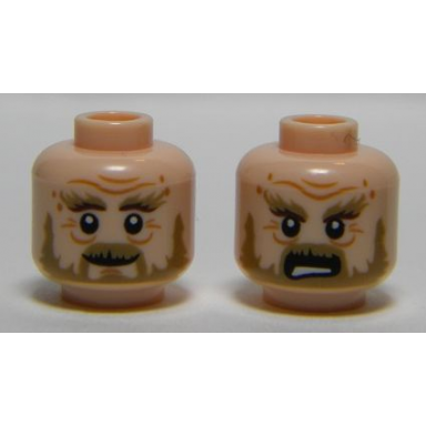 light nougat minifigure head dual sided lotr beard dark tan bushy eyebrows wrinkles white pupils smile shouting pattern radagast