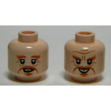 light nougat minifigure head dual sided lotr dark orange moustache goatee bushy eyebrows wrinkles yellowed teeth smile open mouth pattern