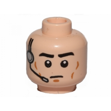 light nougat minifigure head black eyebrows dark orange cheek lines and chin dimple headset with microphone neutral pattern