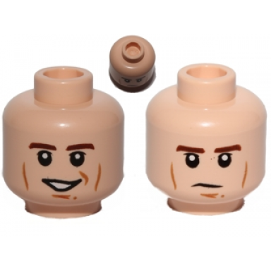 light nougat minifigure head dual sided brown eyebrows black eyes with pupils cheek lines smile determined pattern sw han solo