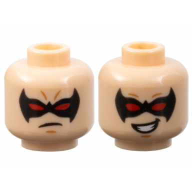 light nougat minifigure head dual sided male black eye mask pointed with red eyes medium nougat chin dimple determined lopsided open mouth smile with teeth pattern