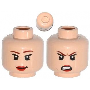 light nougat minifigure head dual sided female brown eyebrows eyelashes red lips smile angry pattern batgirl