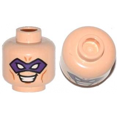 light nougat minifigure head male purple eye mask with eye holes forehead lines and open mouth smile with teeth pattern the riddler