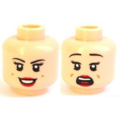 light nougat minifigure head dual sided female black eyebrows eyelashes red lips dimples smile scared pattern mary jane 5