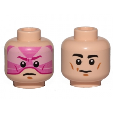 light nougat minifigure head dual sided black eyebrows white pupils chin dimple slight smile pink visor frown pattern sw gray squadron pilot