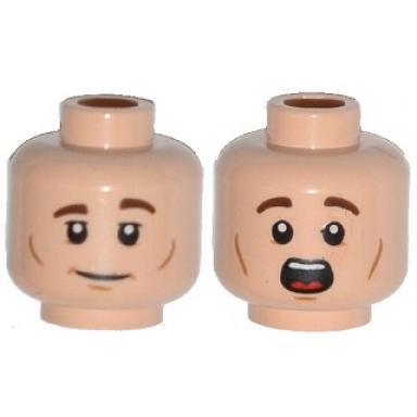 light nougat minifigure head dual sided brown eyebrows white pupils and chin and cheek dimples slight smile scared pattern