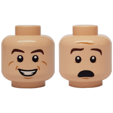 light nougat minifigure head dual sided brown eyebrows white pupils smile with teeth scared pattern ray stantz
