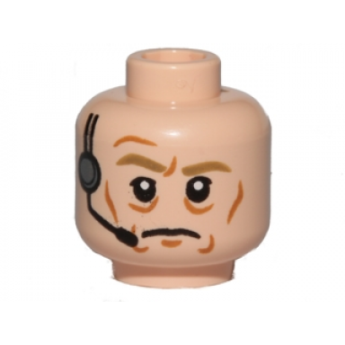 light nougat minifigure head male dark tan eyebrows wrinkles and headset pattern sw general veers