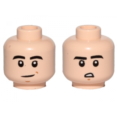 light nougat minifigure head dual sided black eyebrows slight crooked smile downturned mouth with teeth pattern