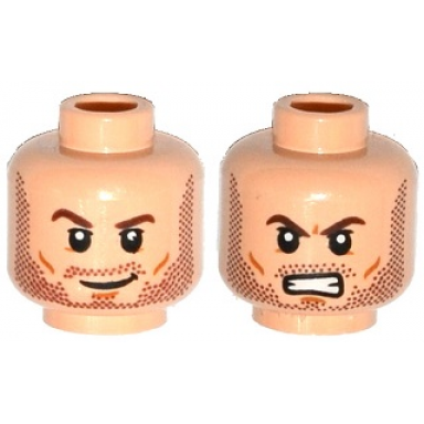 light nougat minifigure head dual sided beard stubble brown eyebrows smile angry bared teeth pattern