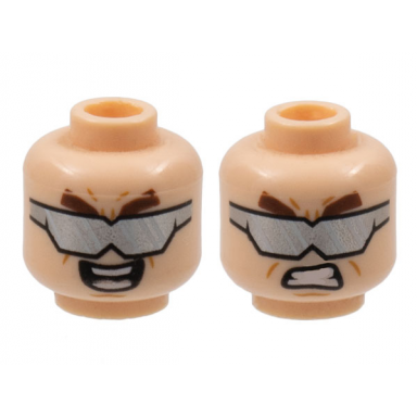 light nougat minifigure head dual sided thick brown eyebrows silver sunglasses angry bared teeth open mouth smile pattern doc ock