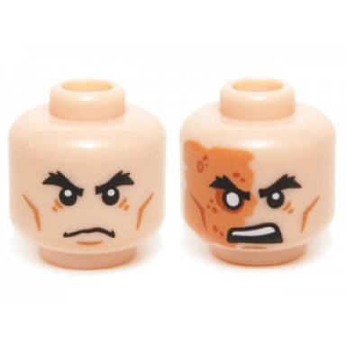 light nougat minifigure head dual sided black bushy eyebrows medium nougat cheek lines chin dimple and wrinkles scowl nougat right side scarred face and angry open mouth with upper teeth pattern