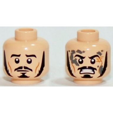light nougat minifigure head dual sided lotr bard long black sideburns moustache goatee frowning angry with mud splotches pattern