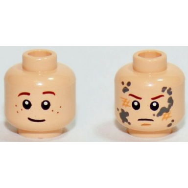 light nougat minifigure head dual sided child lotr bain brown eyebrows slight smile and freckles angry with mud splotches pattern