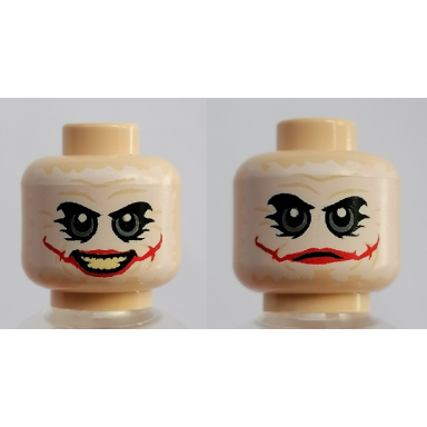 light nougat minifigure head dual sided white mask with green eyes red scars open closed mouth pattern the joker