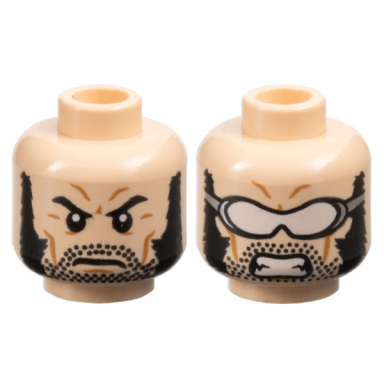 light nougat minifigure head dual sided bushy black eyebrows mutton chops and stubble medium nougat cheek lines frown bared teeth and white goggles pattern