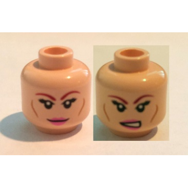 light nougat minifigure head dual sided female dark red eyebrows eyelashes pink lips cheek lines smile bared teeth pattern april oneil