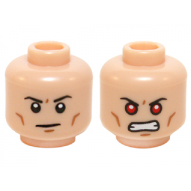 light nougat minifigure head dual sided black thin eyebrows medium nougat cheek lines and chin dimple stern angry bared teeth and red eyes pattern