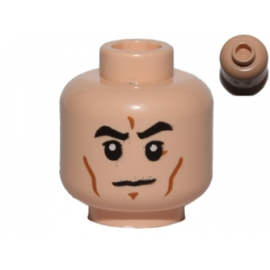 light nougat minifigure head black eyebrows cheek lines white pupils frown pattern