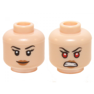 light nougat minifigure head dual sided female black eyebrows long eyelashes medium nougat lips grin bared teeth and red eyes pattern