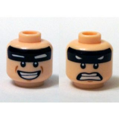 light nougat minifigure head dual sided black headband with squinted batman eyes smile scared pattern
