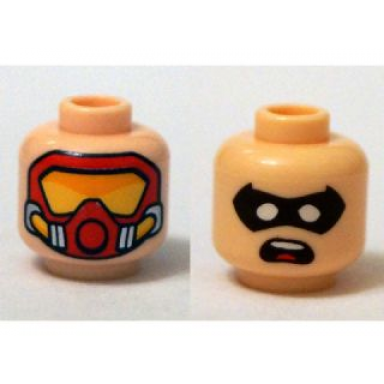 light nougat minifigure head dual sided red scuba mask orange goggles black eye mask open mouth pattern