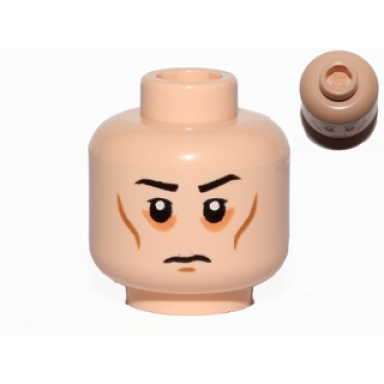 light nougat minifigure head black eyebrows white pupils cheek lines circles around eyes frown pattern